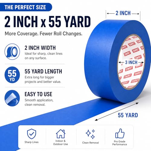 SWRT Blue Painters Tape 2 Inch Wide, 6 Rolls x 55 Yards, Washi Masking Tape