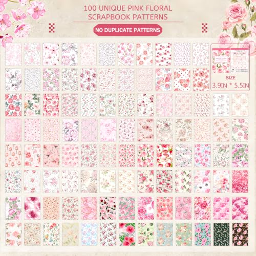 100 Pcs Watercolor Flowers Textured Paper,Craft Paper Kit，Decorative Paper，for Junk Journal Supplies，DIY Collage，Decoupage Card Making Supplies，Collage Background（Pink） - color: Pink