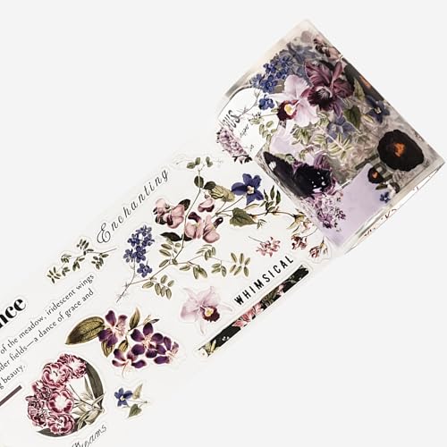 WT Pre-Cut Violet Veil Wide PET Tape, Single Roll, Soft Lilac Blossoms & Misty Backgrounds with Elegant Script, Transparent Decorative Tape for Journaling, Scrapbooking, Planner, DIY Crafts, 65mm x 5m - color: WT Pre-Cut Violet Veil Wide PET Tape
