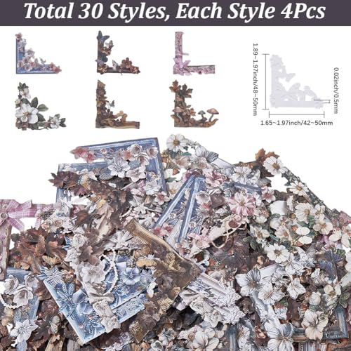 1 Box About 120Pcs Mixed Color Vintage Floral Embossed Paper Corner Embellishments Vintage Photo Frame Corners Decorative Paper Scrapbook Aesthetic Frames for Journaling Card Making DIY Craft - style: Style 4