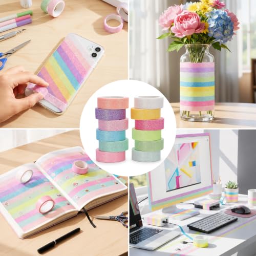 TIESOME 12 Rolls Glitter Washi Tape Set,15mm Macaron Cute Colored Tape - style: Style2