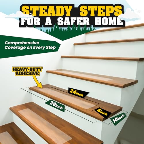 16 Pack Clear Stair Treads for Wooden Steps Indoor – 24"x4" Invisible Stair Treads Non Slip | Transparent Self-Adhesive Anti Slip Tape for Kids, Seniors & Pets | Includes Rubber Roller