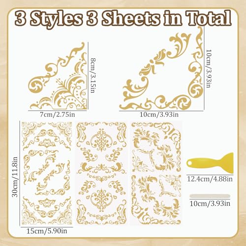 WANDIC 3 Sheets Golden Rub on Transfer Stickers, Gold Vintage Border Transfer Decals Retro Furniture Border Stickers for Crafts Furniture DIY Crafts,15 * 30cm - color: Vintage Border