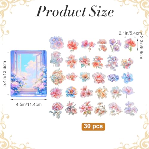 Nogeqi 30 Pcs Sparkly Flower Stickers, Clear PET Glitter Nature Plant Floral Stickers Waterproof Holographic Transparent for Scrapbook Supplies Journal Planners Art Craft