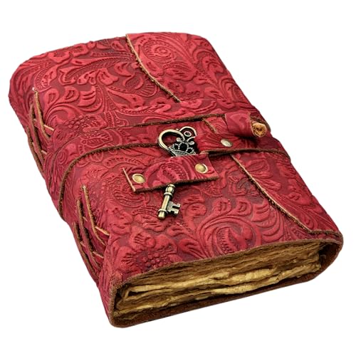 Embossed Leather Journal with Antique Key Vintage Pages Handmade Journal Leather Sketchbook Notepad Leather Travel Journal Book of Shadows Leather grimoire (Red, 10x7 Inch) - color: Red, size: 10x7 Inch