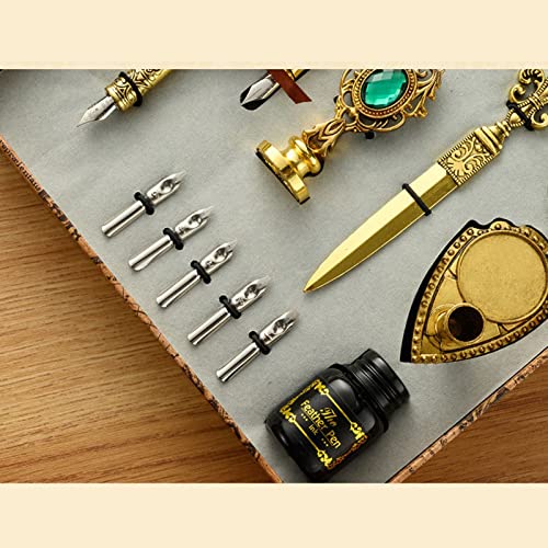 Joyeee Glittering Quill Pen Ink Set, 16 Piece Antique Dip Feather Pen Set with Sealing Wax Stamp Kit, Christmas Gift Box for Him Writing, Drawing & Home Desk Retro Decoration Set #86 - color: #86 Blute