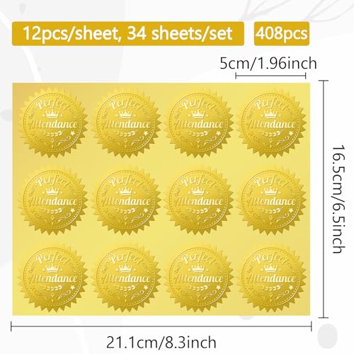 CRASPIRE Perfect Attendance 408Pcs Gold Foil Embossed Stickers 2" Self Adhesive Envelopes Seals Sticker Round Labels for Wedding Invitation Medal Graduation Certificates Diplomas Gift Wrapping Decor - style: Perfect Attendance