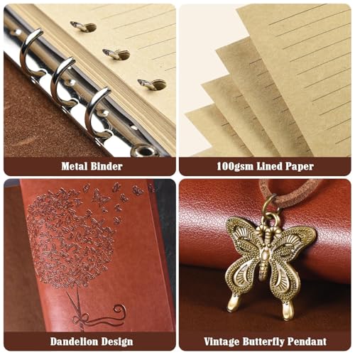 OMEYA 6 Pack A6 Refillable Leather Journals,Bulk Gift for Women, Coworkers | 5" x 7", 100 GSM Lined Paper, 160 Pages Each, 2 Pockets, Vintage Travel Journals for Writing, Gifts for Teacher, Staff - style: 6-pack of Dandelions