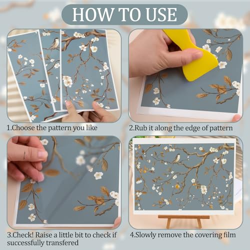 WANDIC 3 Sheets Furniture Rub on Transfer Stickers, Vintage Branch Flower Bird Pattern Transfer Stickers Decal Film for Doors, Windows Nightstands Scrapbooking,15 * 30cm - color: Vintage Branch