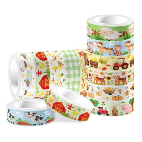 12 Pcs Farm Animals Washi Tape Set - Adorable Animal Patterned Decorative Masking Tape for Scrapbooking, Planner DIY, Craft Projects & Gift Wrapping