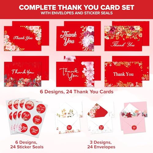 Decorably 24 Pack 6x4in Red Flowers Thank You Cards with Envelopes - style: Red Flowers