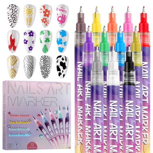 EBANKU 12 Colors Nail Art Pens Set, 3D 0.5MM Nail Polish Pens Graffiti Dotting Pen Quick-Drying Acrylic Nail Paint Liner Pen Tools for DIY Nail Art Manicure Tools - color: 12P