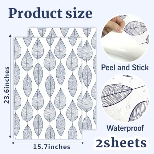 Stripy Leaf Wallpaper Botanical Leaves Wall Art Mural Self Adhesive Decals | Modern leaf wall stickers, removable vinyl wallpaper, peel and stick, waterproof, for living room bedroom bathroom home decor - color: Blue Leaf Wallpaper