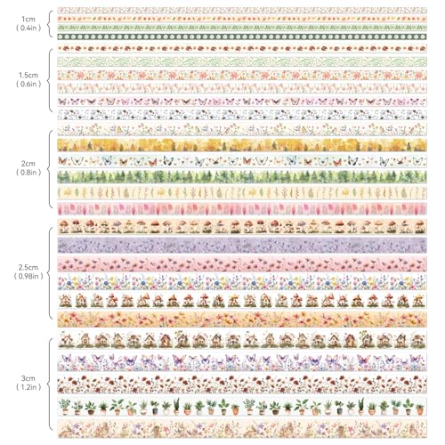 PAGEMORE 27 Rolls Vintage Washi Tape Set, Floral Butterfly Forest Mushroom Botanical Flower Writable Decorative Tapes for Scrapbooking, Junk Journal Supplies, Bullet Journaling 9.84ft Long/Roll - color: Nature
