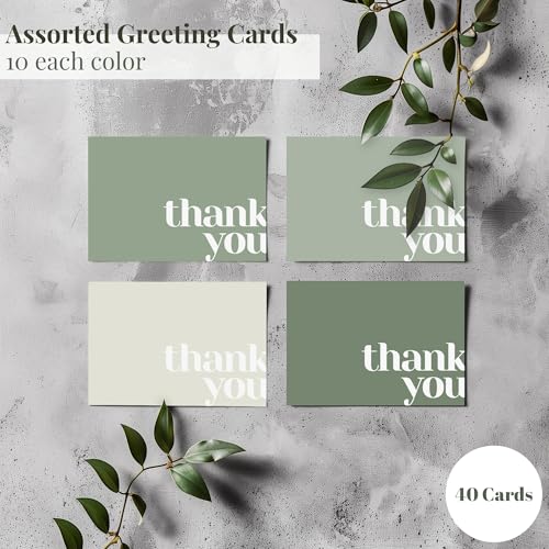 Thank You Cards with Envelopes Bulk Pack of 40 - Green Thank You Cards Set - color: Green