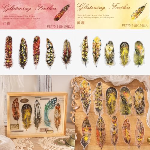 80 Pcs Large Gold Foil Feather Stickers, Aesthetic Celestial PET Stickers, Waterproof Translucent Ephemera for Junk Journaling, Scrapbooking, DIY Crafts, Laptop and Tablet Decor - color: Glittering Feather