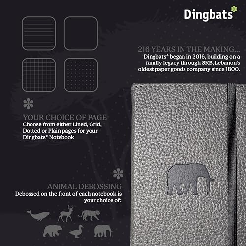 Dingbats* - Wildlife A6 Blank Pocket Notebook - PU Leather Hardcover for Work and Travel Journal - Pocket, Elastic Closure, Pen Holder, Bookmark - color: Gray Elephant, style: Minimalist