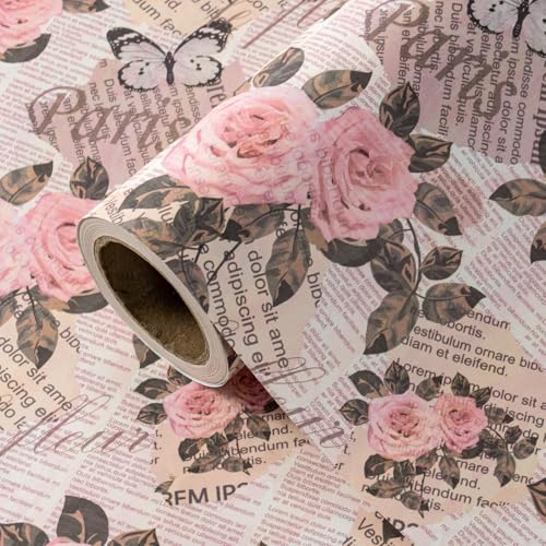 WRAPAHOLIC Kraft Vintage Floral Wrapping Paper Roll - Mini Roll - 17 Inch x 16.5 Feet - Retro Paris Rose Butterfly Newspaper Wrapping Paper for Birthday, Wedding, Anniversary, Bridal Shower - color: Kraft Newspaper - Paris & Floral