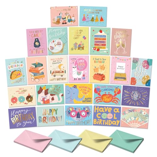 S&O Box of Birthday Cards with Envelopes - Bulk 24 Unique Happy Day Notes - Colorful Birthday Decor Bulk for Office & Home - Assorted Party Cards with Envelopes - 4x5.5” - color: Whimsical