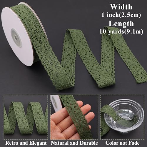 Natural Cotton Craft Ribbon 1" Vintage Cotton Crochet Lace Trim Spool Wrapping Ribbon 10 Yards (Green) - color: Green