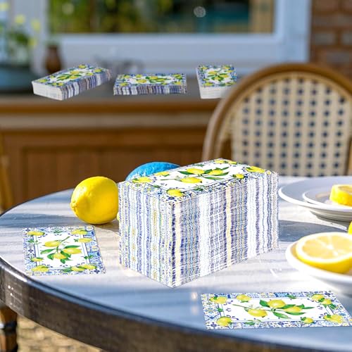 100Pcs Lemons Paper Napkins 3Ply Blue Tile Pattern Italian Bathroom Napkins - style: 100Pcs Lemons Napkins