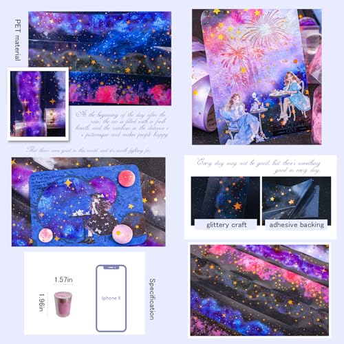 Star PET Tape Stickers for Scrapbooking Supplies,6 Rolls of Holographic Starry Sky Themed Decorative Tape Stickers for Journaling, Junk Journal Supplies, DIY Crafts(Ripple) - color: Ripple