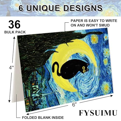FYSUIMU 36 Pack Black Cat Painting Greeting Card Floral Animal Blank Note Card With Envelope Matching Seal Sticker for Spring Party Favor Supplies, 4 x 6 Inch - style: Cat