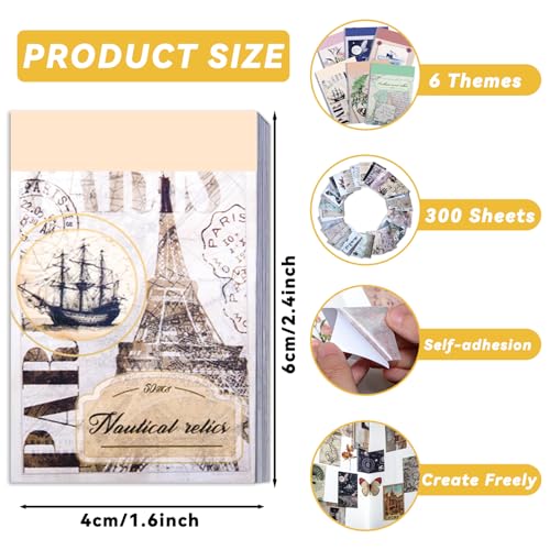 EggSun 300Pcs Washi Sticker Book Set Aesthetic Scrapbook Paper for Story Journaling, 6 Theme DIY Decorative Paper Sticker Kit for Junk Journal Art Scrapbooking Diary Card Craft Gift Notebook Making