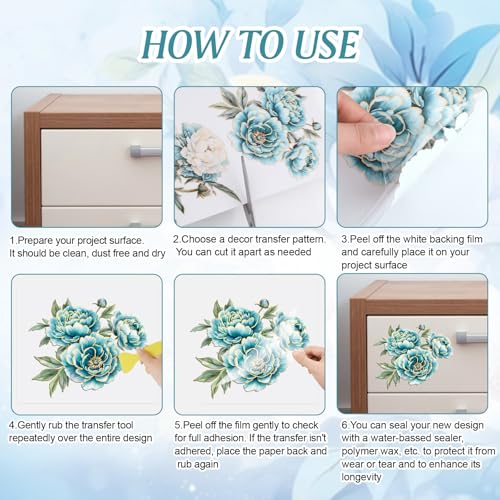 Rub on Transfers for Crafts, 3 Sheets Vintage Gold Rimmed Flower Rub on Decals Waterproof Peony Rub on Transfer Stickers for DIY Wood Furniture Decoration - color: Blue Peony