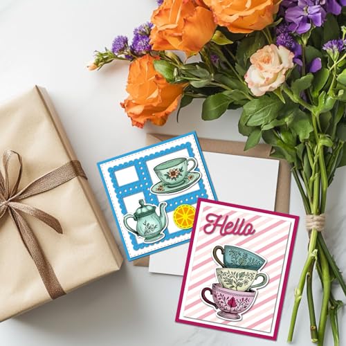 GLOBLELAND Teacup Teapot Cake Clear Stamps Cutting Dies PET Painting Stencils for Card Making Flowers Splatter Texture Silicone Stamp Metal Words Die Cuts PET Paint Stencils for DIY Scrapbooking