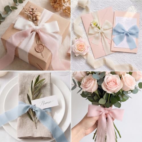 1" x 27 Yd Chiffon Silk Ribbon Set - 3 Rolls Handmade Fringe Chiffon Ribbon - color: Light Blue,Pink, Ivory
