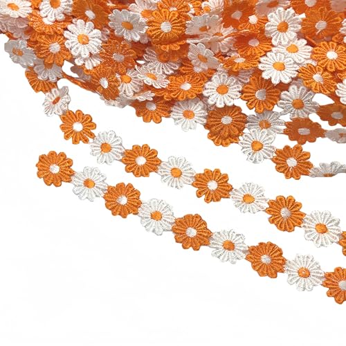 15 Yards Daisy Flower Lace Trim Embroidered Floral Lace Sewing Trim Ribbons for Embellishment Craft Dress Hair Accessories Decorations (White+Orange, 1" x 15 Yards) - color: White+Orange