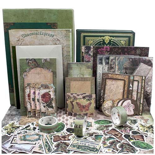 Diuhofart Vintage Scrapbooking Supplies Kit, 185pcs Junk Journal Kit with Scrapbook Paper Sticker Aesthetic Notebook Scrapbook Kit, Art Craft DIY Gift for Adult Women - color: Green
