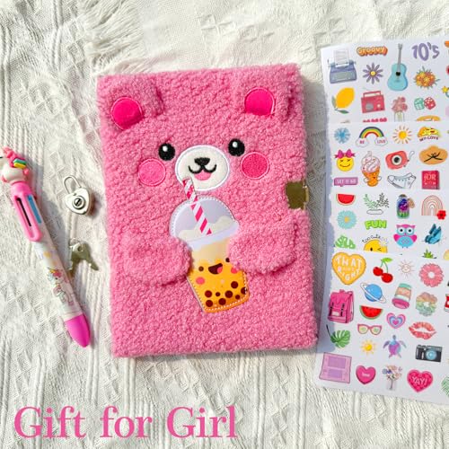 Diary for Girls with Lock and Keys, Journal School Travel Notebook Gift Set for Writing and Drawing,Multicolored Pen, Stickers, Birthday Gift for Girls (pink-Bear) - color: Pink