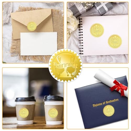 CRASPIRE Winner Trophy 408Pcs Gold Foil Embossed Stickers 2" Self Adhesive Envelopes Seals Sticker Round Labels for Wedding Invitation Graduation Corporate Certificates Diplomas Gift Wrapping Decor - style: Winner Trophy