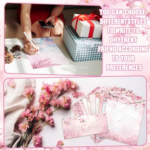 TaoBary 160 Pcs Cherry Blossom Stationery Paper and Envelopes Set 50 Double Sided Lined Stationery Paper with 50 Matching Envelopes and 60 Round Dot Sticker 8.5 x 11'' Letter Writing Kit, 10design - size: 8.5 x 11 Inch, style: Cherry Blossom