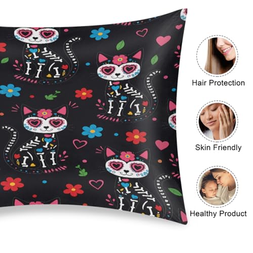 Satin Pillowcase for Hair and Skin, Standard Size Day of The Dead Cat Sugar Skull Flower Decorative Pillow Sham with Envelope Closure Pillow Cover for Bedroom Hotel - color: Sugar Cat, size: 20x26in
