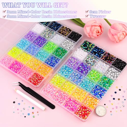 2 Boxes 3mm+5mm Jelly Rhinestones for Bedazzling, 20000Pcs Multicolor Flatback Resin Gems for Crafting, Bedazzler Kit with Tweezer for DIY Crafts Book Fabric Decor Nail Art - color: 24 Colors Jelly AB| 3+5mm, size: Large Pack