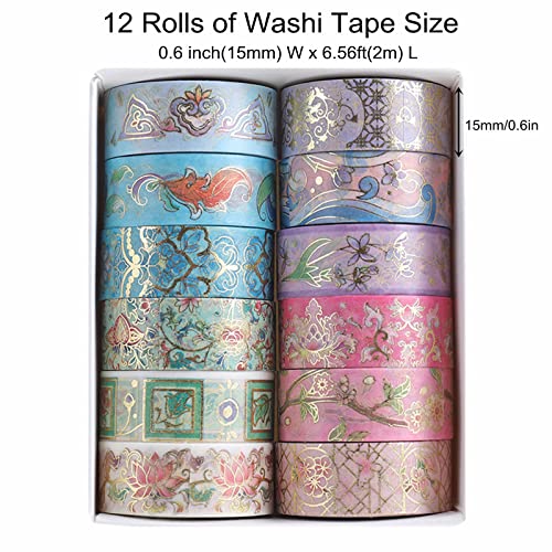 12 Rolls Floral Washi Tape Set, Gold Foil Flower Decorative Washi Masking Tape, Botanical Washi Tape for Scrapbooking, Journal, Planner, DIY Crafts, Gift Wrapping - color: Floral