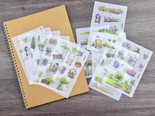12 Sheets Green Plant Gardening Washi Stickers Flowers and Plants Country Road Fence Swing Scrapbooking Sticker Set for Art Craft Journaling Planners Journals Collage Scrapbook Diary Water Bottle - color: R