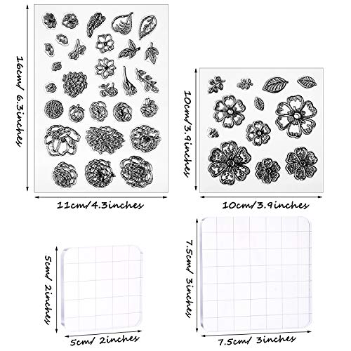 Outus 9 Pcs Flower Clear Stamps Set with 2 Acrylic Blocks, Transparent