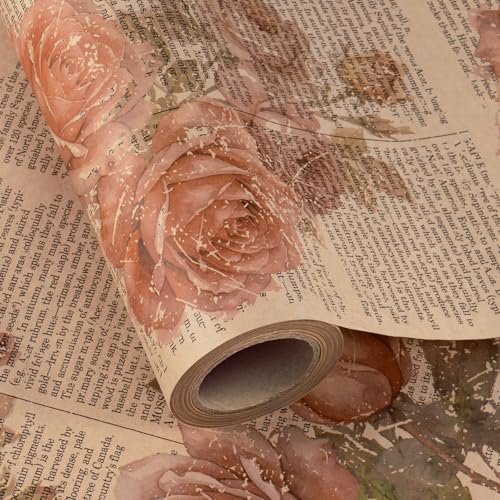 WRAPAHOLIC Kraft Vintage Floral Wrapping Paper - Mini Roll - 17 Inch x 16.5 Feet - Retro Rose Flower Letter Print Newspaper Kraft Wrapping Paper for Birthday, Wedding, Bridal Shower, Anniversary - color: Floral Letter - Red