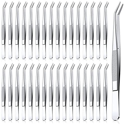 Honoson 32 Pcs Stainless Steel Tweezers for Crafting with Curved Serrated Tip Multipurpose Forceps Sewing Machine Tweezers Bulk (Silver) - color: Silver