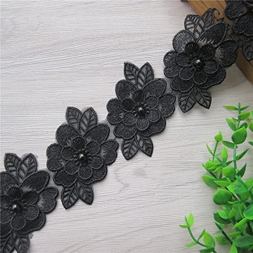 2 Yards 3D Flower Lace Trim Pearl Embroidered Polyester Lace Ribbon Fabric Applique Patchwork for Wedding Dress Handmade DIY Sewing Craft Supplies Decoration (Black) - color: Black