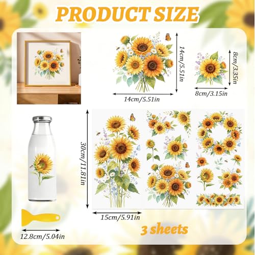 Rub On Transfers for Crafts, 3pcs Sunflower Theme Transfers UV DTF Stickers Waterproof Decals for Wood Door Window Cup DIY Home Decor - color: Sunflowers
