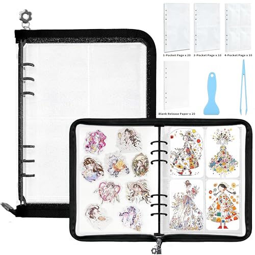 Mlife Sticker Organizer Binder Sticker Storage Organizer Reusable Sticker Book Collecting Album A5 Sticker Collecting Book Clear Sticker Binder Album with Blank Release Paper, Tweezer & Spatula(Black) - color: Black