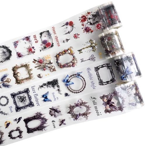 Night Poem Gothic PET Tape Set, 4 Rolls Pre-Cut Translucent Frame and Element Designs with 1 Clip - Dark Collage Supplies for Scrapbook Junk Journal Planner and Crafts - color: Dark Melody