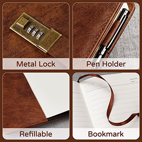 WEMATE Diary with Lock, A5 PU Leather Journal with Lock 240 Pages Brown | Vintage Lock Journal Password Notebook with Pen & Gift Box, Lock Diary Planner Organizer for Men and Women, 8.6x5.8in - color: Brown