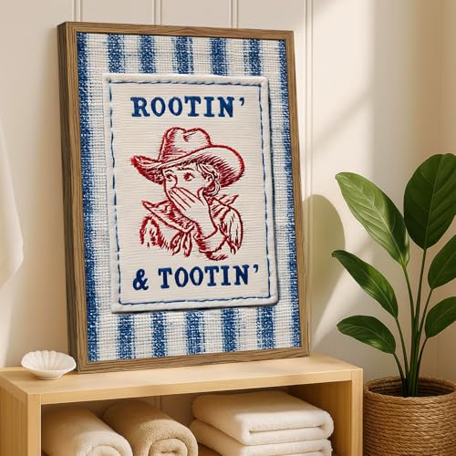 Funny Cowgirl Bathroom Wall Art Cute Western Cowboy Wall Decor Picture Vintage Rustic Rootin And Tootin Striped Restroom Poster Canvas Painting Print 16x24 inch Wood Framed - color: Cowgirl B, size: 24"L x 16"W
