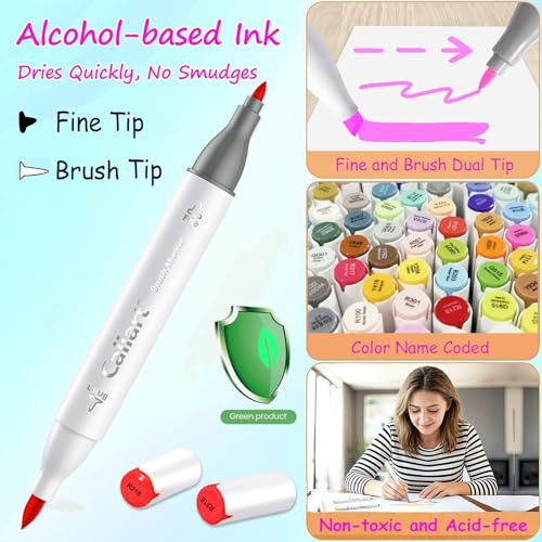 Caliart 81 Colors Alcohol Markers Dual Tip Brush & Fine Art Drawing Markers - style: Brush & Fine Tip